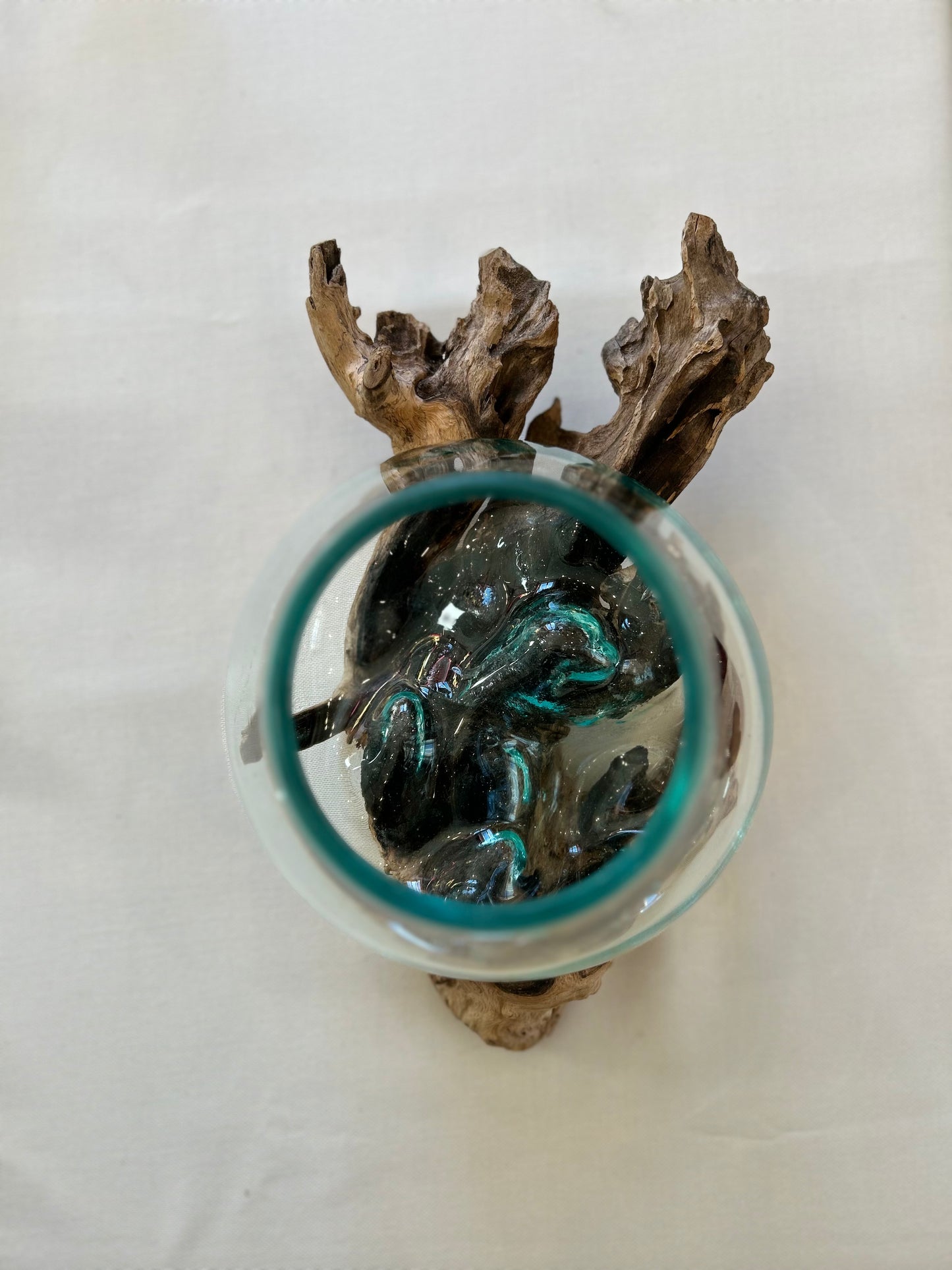 Glas auf Wurzelholz